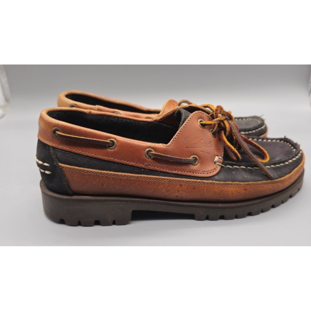 WOOLRICH Men's Navy Brown Leather Boat Loafers Shoes Size 7 Made in Italy